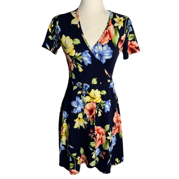 Bonded Faux Wrap Mini Dress S Blue Floral Short Sleeves V Neck Surplice - Picture 1 of 6